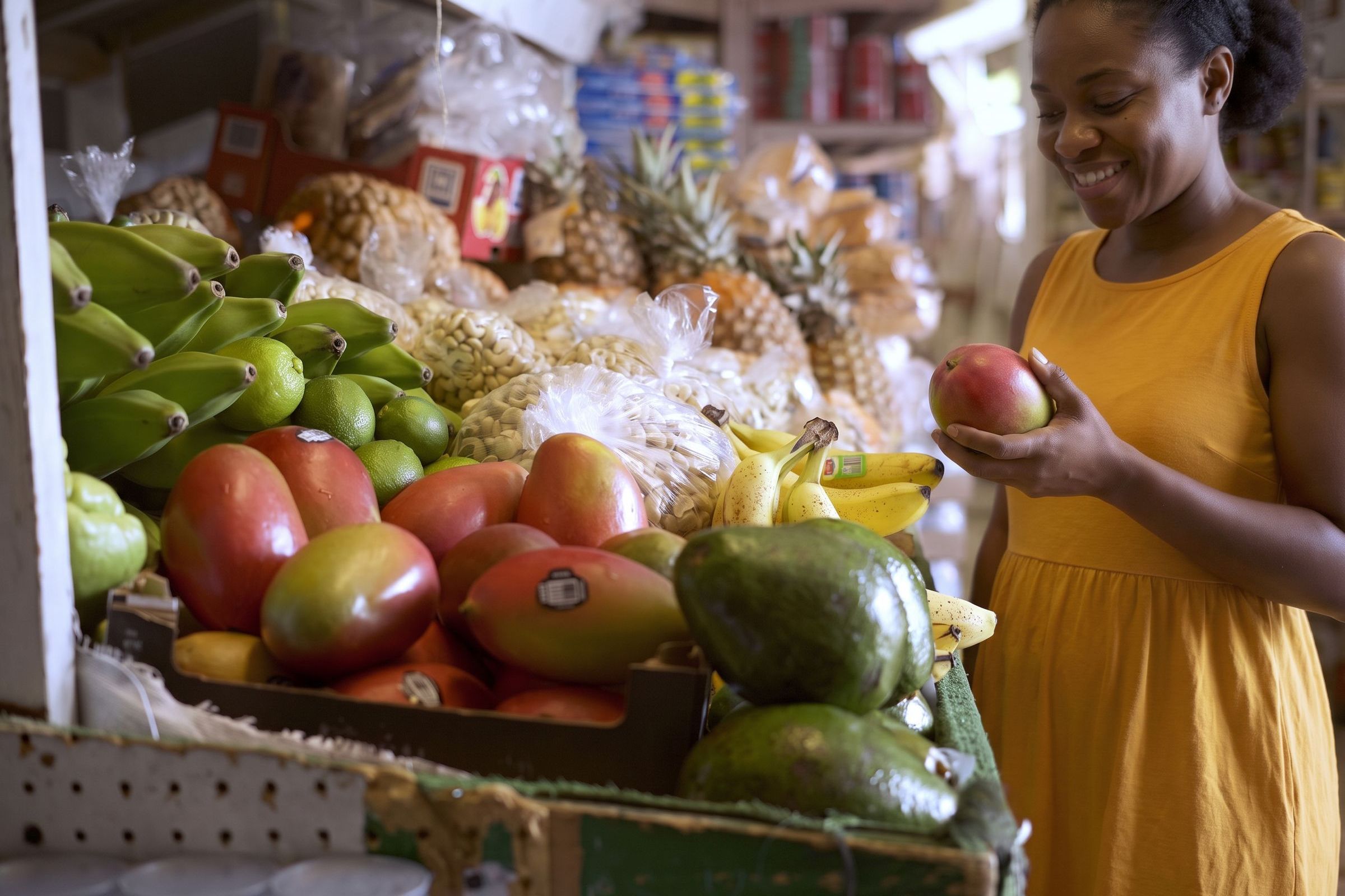 A woman in a yellow sundress smiling at a mango she picked at the produce stand at Holson's